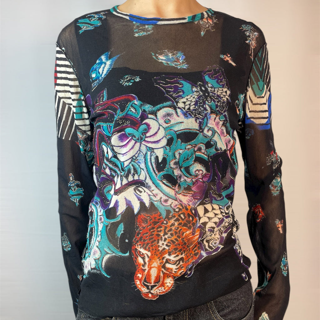 Vintage Just Cavalli Mesh Tiger Graphic Top | Best Fit UK 8-10