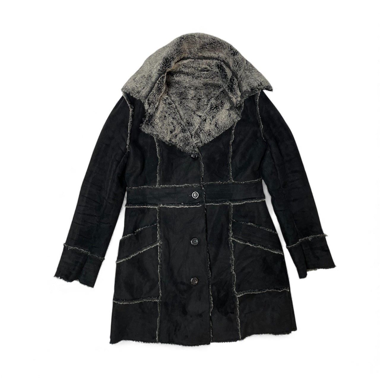 Y2K Vintage Black & Grey Faux Shearling Longline Coat | Best Fit Size M / UK 10