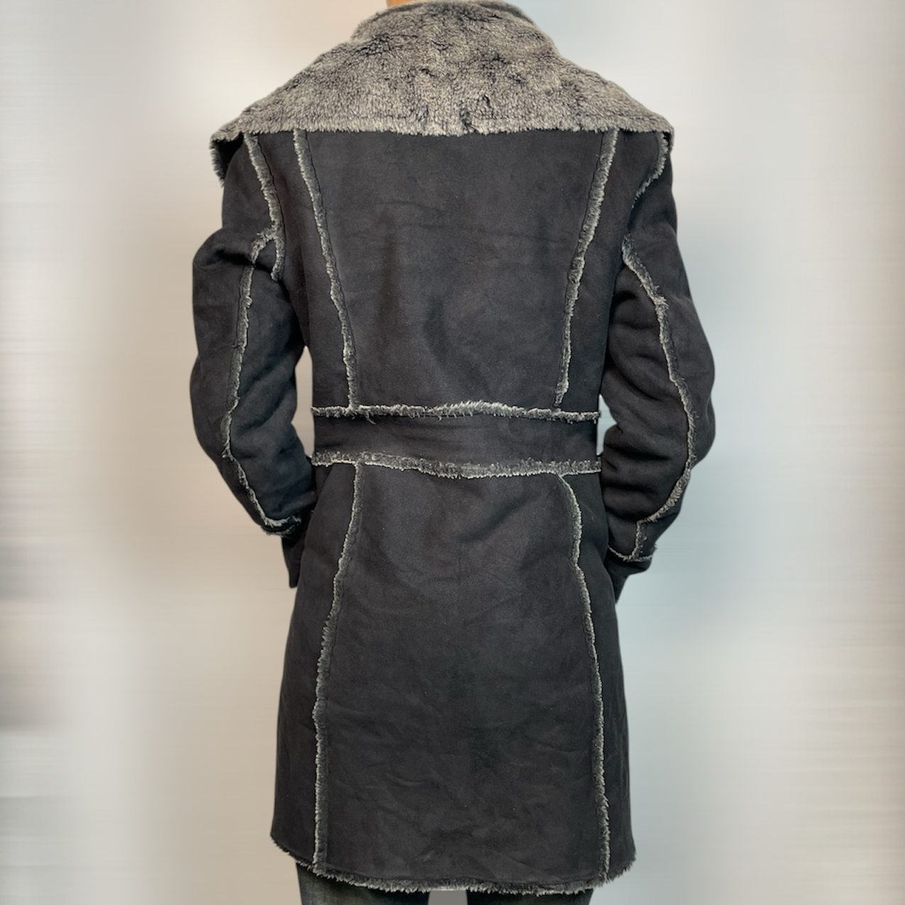 Y2K Vintage Black & Grey Faux Shearling Longline Coat | Best Fit Size M / UK 10