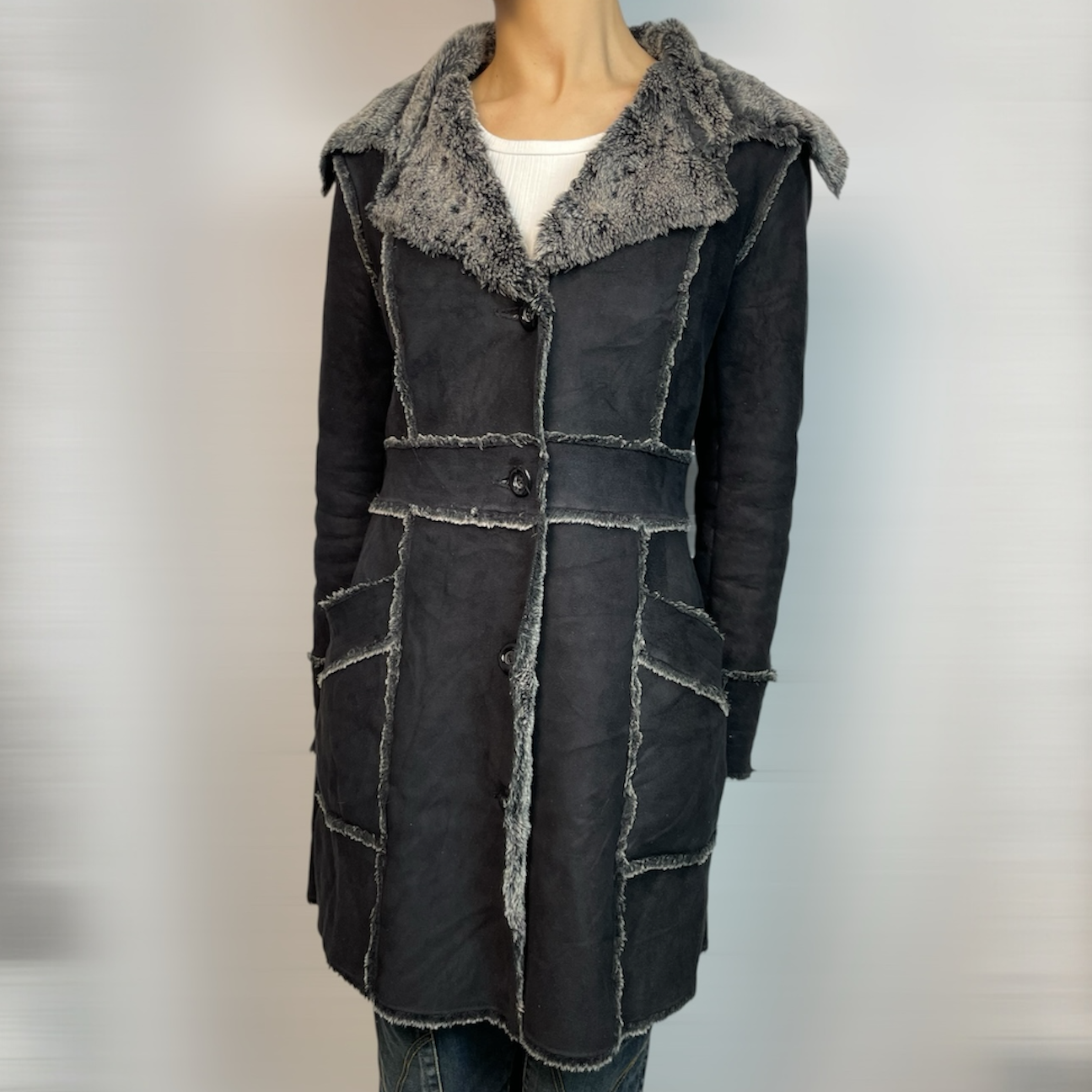 Y2K Vintage Black & Grey Faux Shearling Longline Coat | Best Fit Size M / UK 10