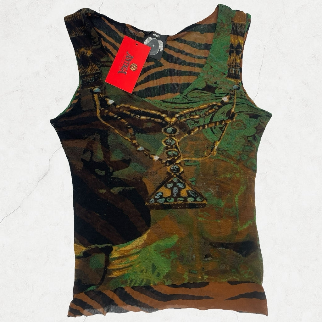 Y2K Tiger & Jewel Print Mesh Tank Top - UK 6-8
