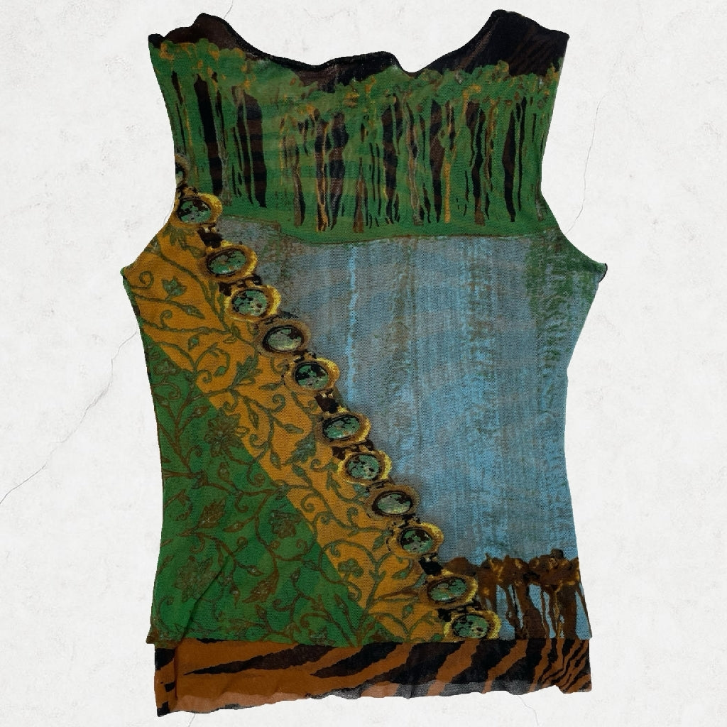Y2K Tiger & Jewel Print Mesh Tank Top - UK 6-8
