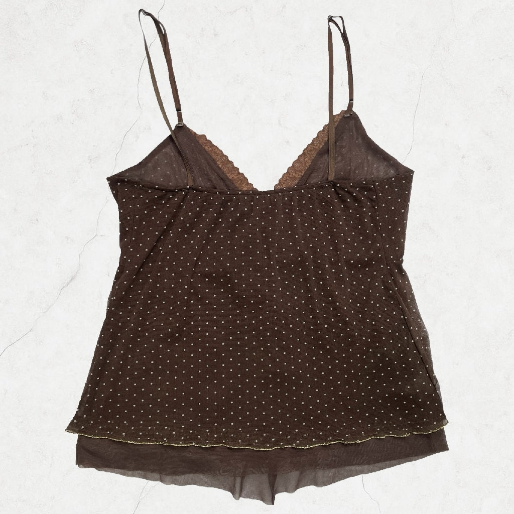 Y2K Italian Sheer Polka-Dot Cami with Tie-Back (Brown) - Size 8