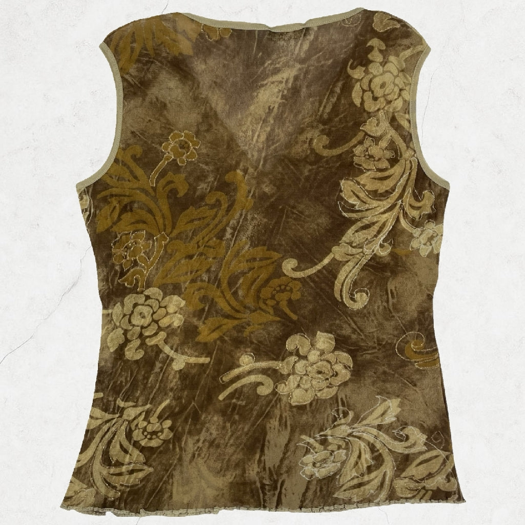 Vintage Y2K Juta Age Sheer Brown Floral Mesh Tank Top | UK 8