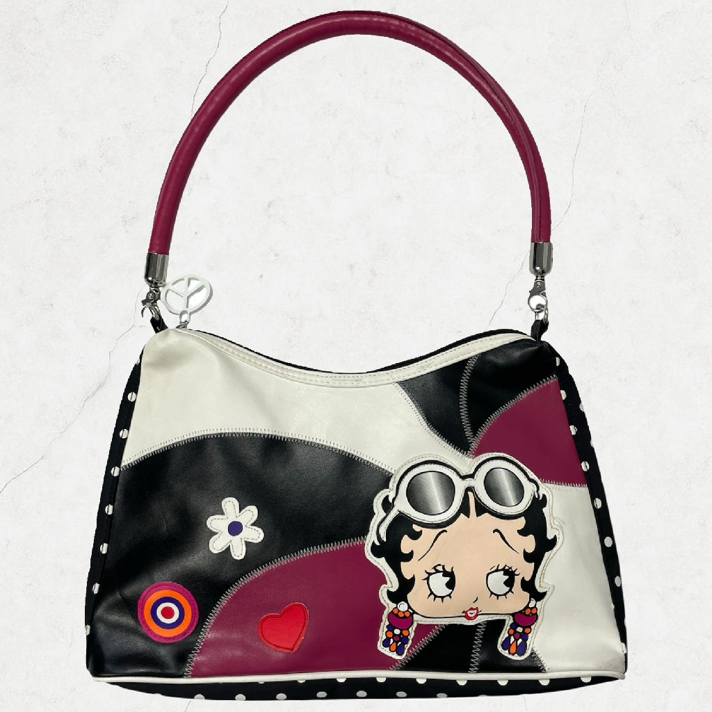 Y2K Betty Boop Patchwork Shoulder Bag - Magenta Handle, Polka-Dot Trim (38 cm x 24 cm)