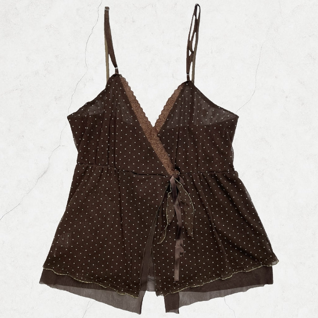 Y2K Italian Sheer Polka-Dot Cami with Tie-Back (Brown) - Size 8