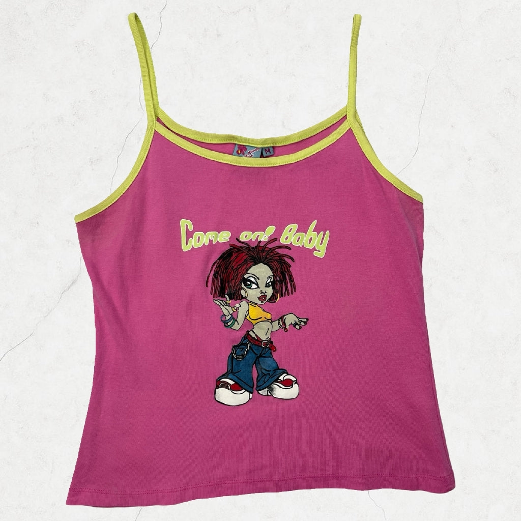 Y2K “Come on! Baby” Cartoon Cami - Pink&Lime, Size M (UK 8–10)