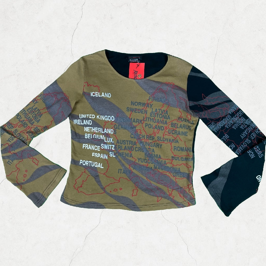 Vintage Custo Barcelona Long Sleeve Map Print Top Y2K