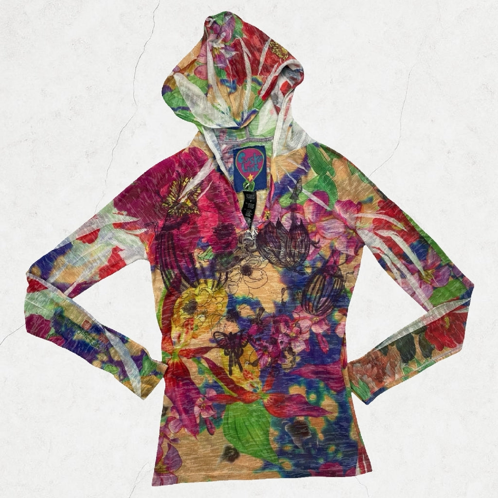 Custo Barcelona Gusto Line Sheer Floral Sketch Lightweight Hoodie - UK 6-8
