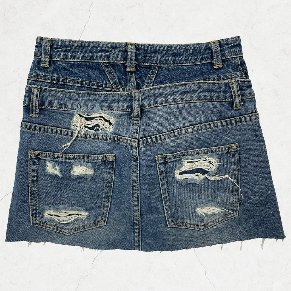 Y2K Ellence Double-Skirt Look Distressed Denim Mini - Raw Hem - W approx. 27 (6)