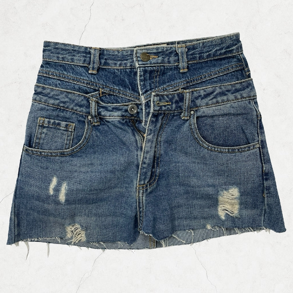 Y2K Ellence Double-Skirt Look Distressed Denim Mini - Raw Hem - W approx. 27 (6)