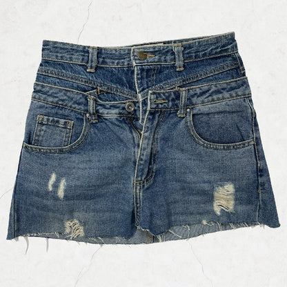 Y2K Ellence Double-Skirt Look Distressed Denim Mini - Raw Hem - W approx. 27 (6)