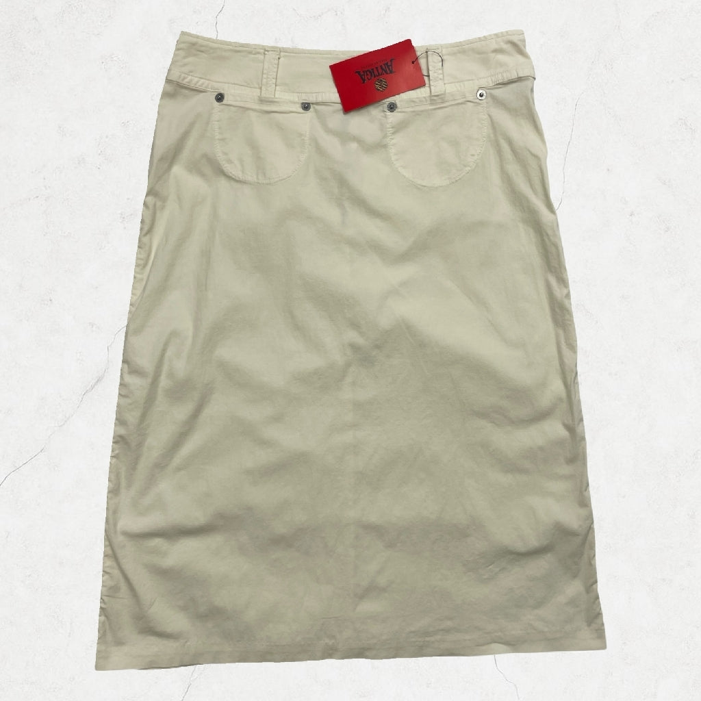 Vintage Fiorucci “Safety Jeans” Light Beige Midi Skirt - UK 8 (28” Waist)