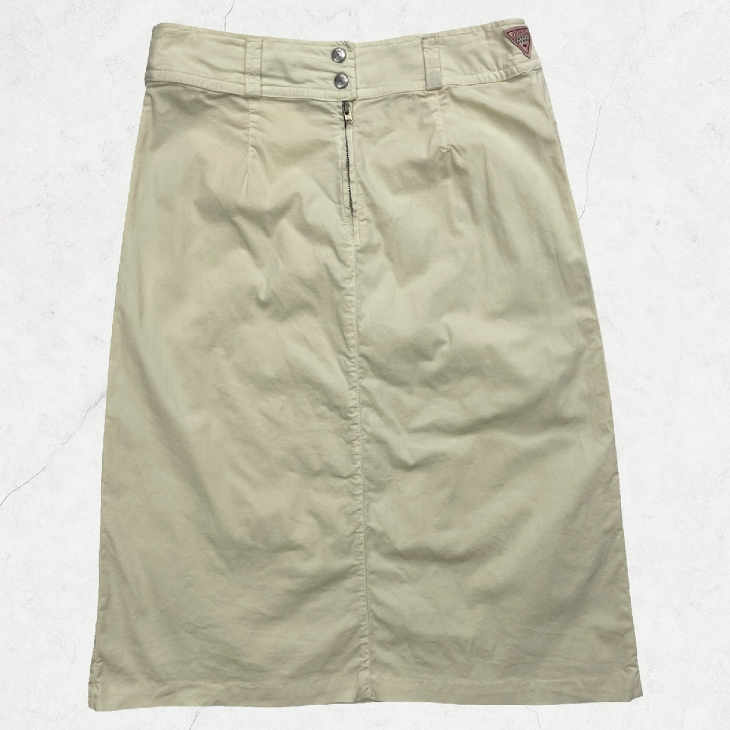 Vintage Fiorucci “Safety Jeans” Light Beige Midi Skirt - UK 8 (28” Waist)