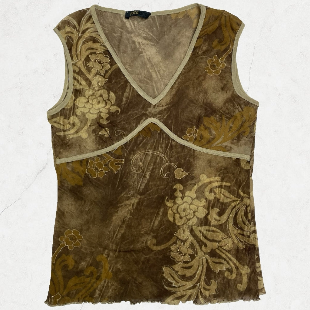 Vintage Y2K Juta Age Sheer Brown Floral Mesh Tank Top | UK 8