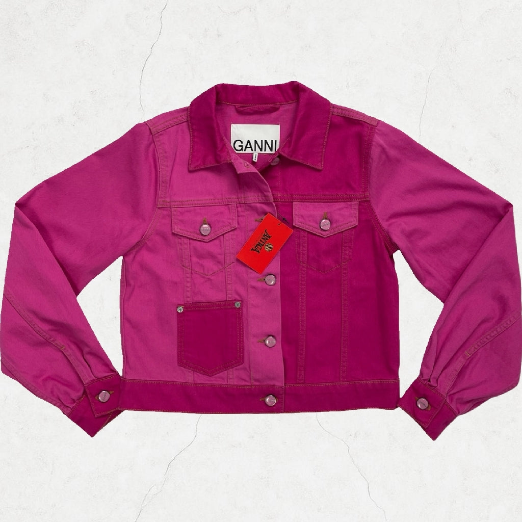 GANNI Two-Tone Pink Cropped Denim Jacket – Size 34 (UK 6–8)