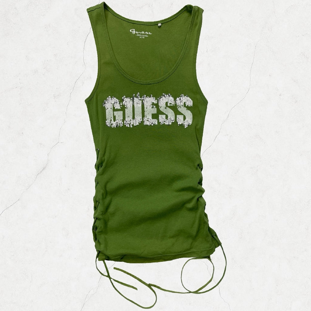 Y2K GUESS Sequin Logo Lace-Up Tank – Olive Green (8-10)