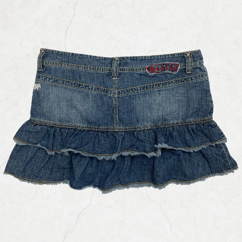 Inside Y2K Ruffle Denim Mini Skirt - Tiered Hem & Logo Patches - W32" (UK 10–12)