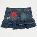Inside Y2K Ruffle Denim Mini Skirt - Tiered Hem & Logo Patches - W32" (UK 10–12)