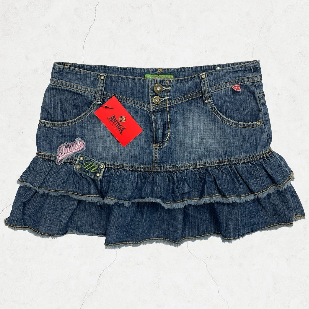 Inside Y2K Ruffle Denim Mini Skirt - Tiered Hem & Logo Patches - W32" (UK 10–12)