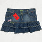 Inside Y2K Ruffle Denim Mini Skirt - Tiered Hem & Logo Patches - W32" (UK 10–12)