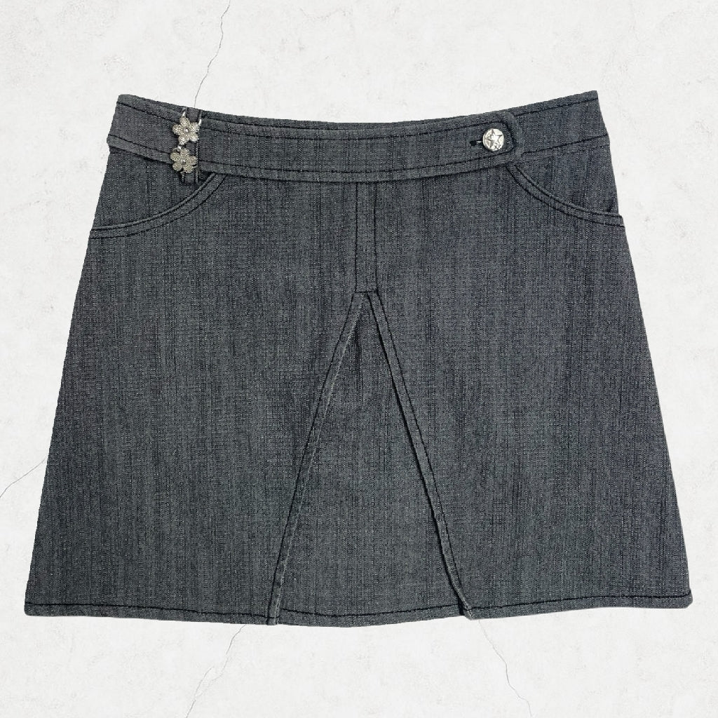 Y2K Little Princess Grey Pleated Mini Skirt with Crystal Charm | UK 6