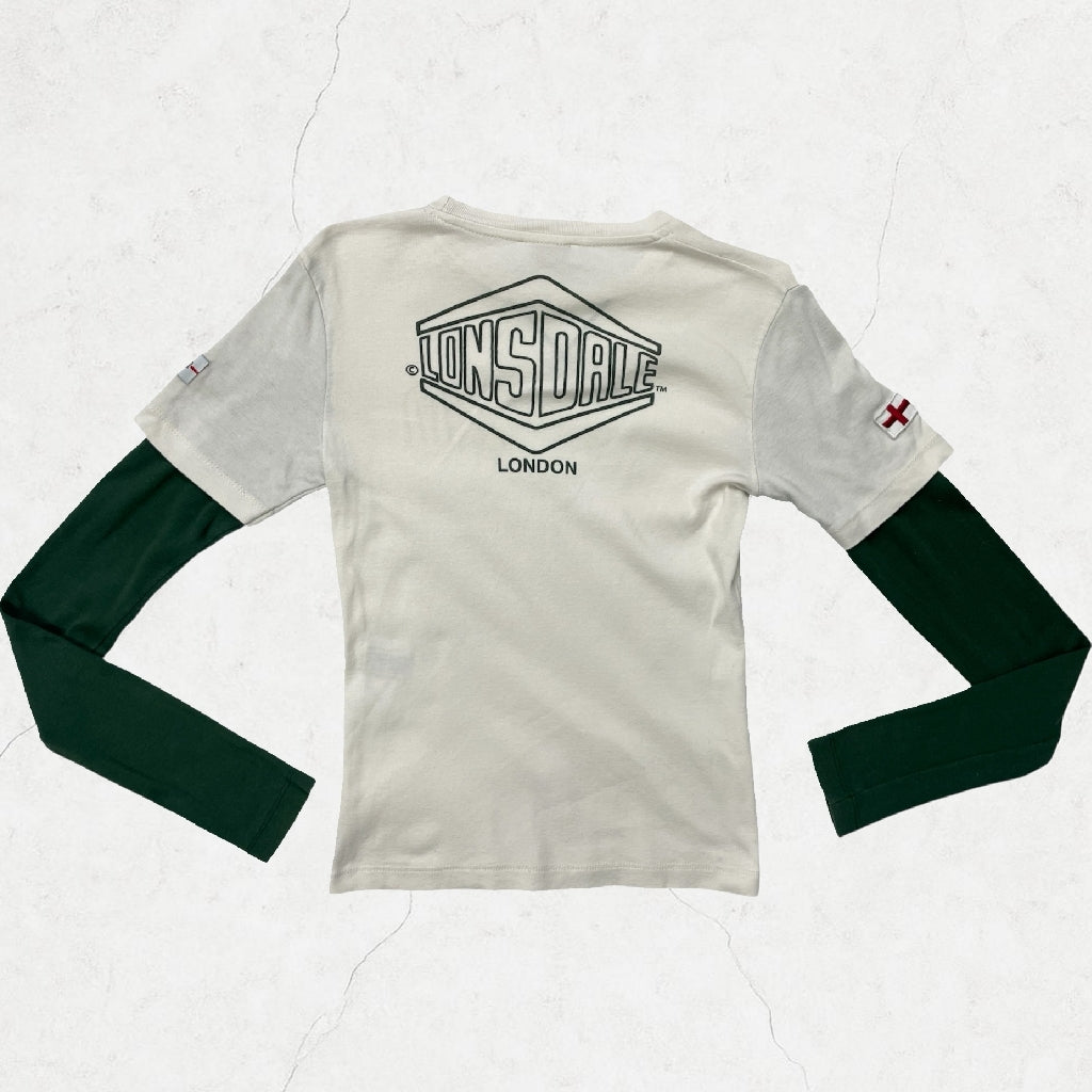 Y2K Lonsdale London “70” Layered Long-Sleeve Tee - Cream/Forest Green (UK 6–8)