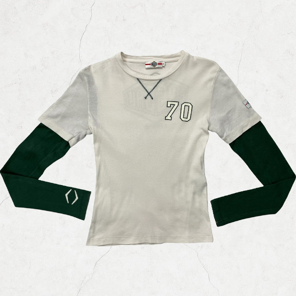 Y2K Lonsdale London “70” Layered Long-Sleeve Tee - Cream/Forest Green (UK 6–8)