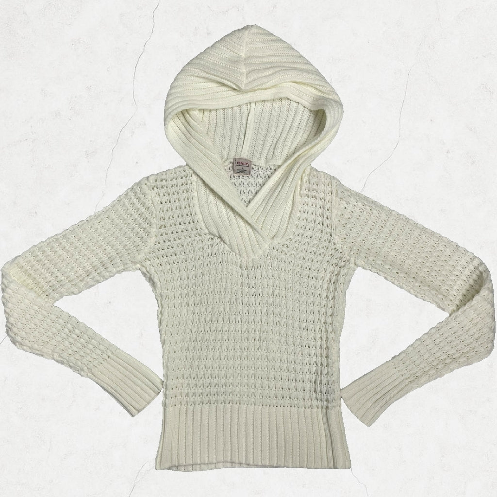 Vintage ONLY White Knit Hoodie Jumper Y2K Fitted Long Sleeve | UK 8