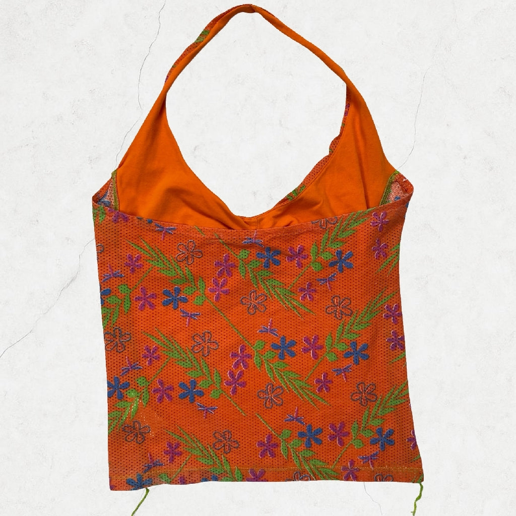 Y2K Orange Mesh Halter Top - Floral Overlay, Neon Stitching (6-8)