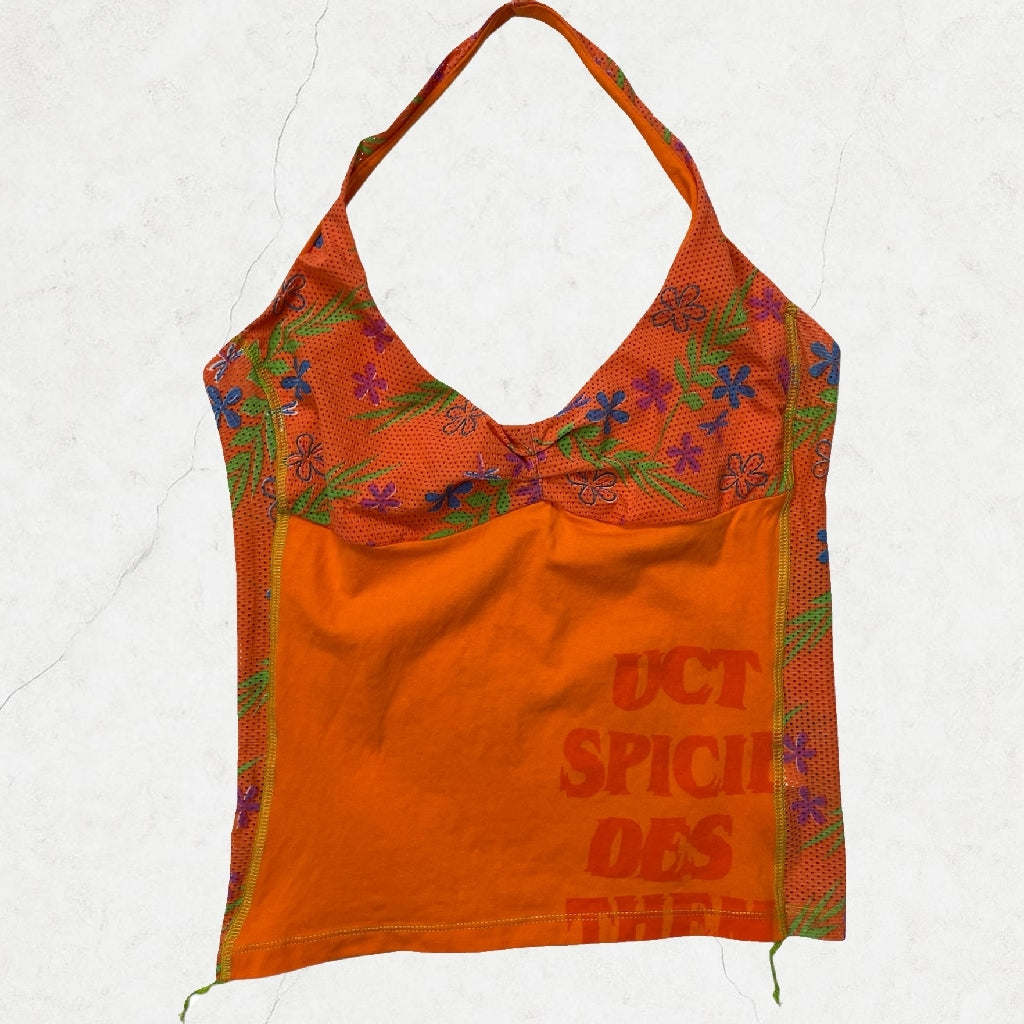 Y2K Orange Mesh Halter Top - Floral Overlay, Neon Stitching (6-8)