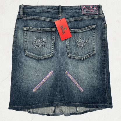Y2K Pink Jeans Distressed Denim Skirt with Purple Ribbon Detail - UK 10