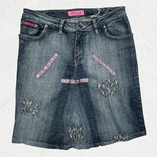 Y2K Pink Jeans Distressed Denim Skirt with Purple Ribbon Detail - UK 10