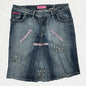 Y2K Pink Jeans Distressed Denim Skirt with Purple Ribbon Detail - UK 10