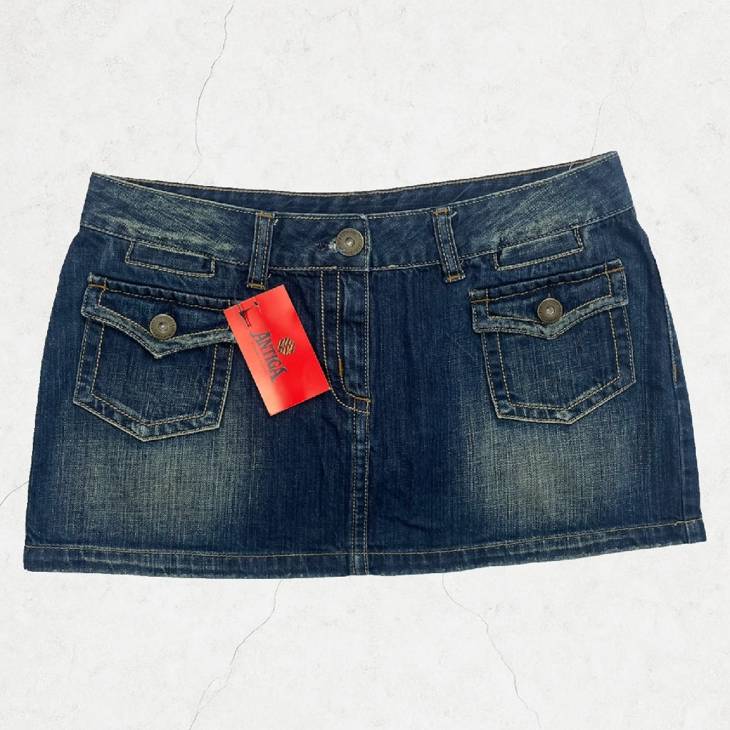 Pimkie Y2K Blue Denim Mini Skirt with Flap Pockets - UK 12 / W32"