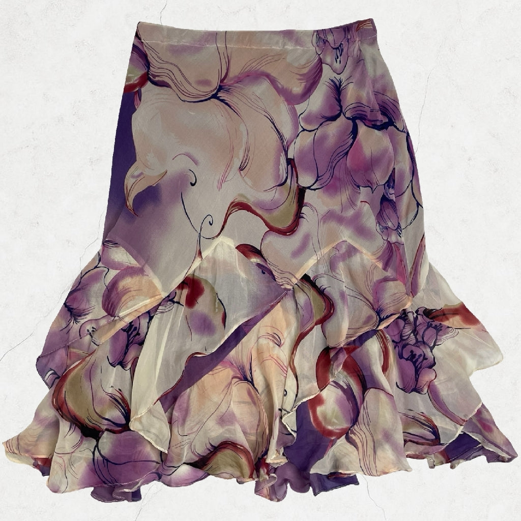 Giulia Valli Italian Purple Floral Ruffle Midi Skirt | UK 6–8