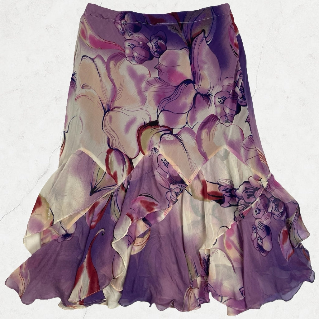 Giulia Valli Italian Purple Floral Ruffle Midi Skirt | UK 6–8
