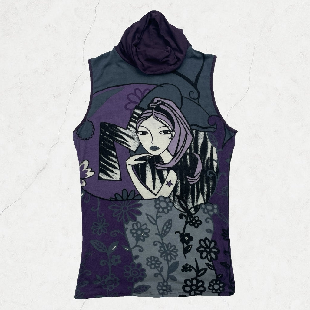 Made in Italy Purple Graphic Portrait Sleeveless Turtleneck Top - UK 6-8