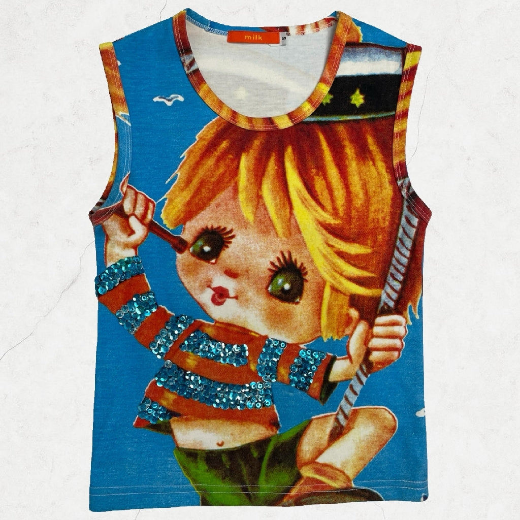 Rare Vintage Milk Japan Y2K Sequin Sailor Boy Tank Top | UK 4