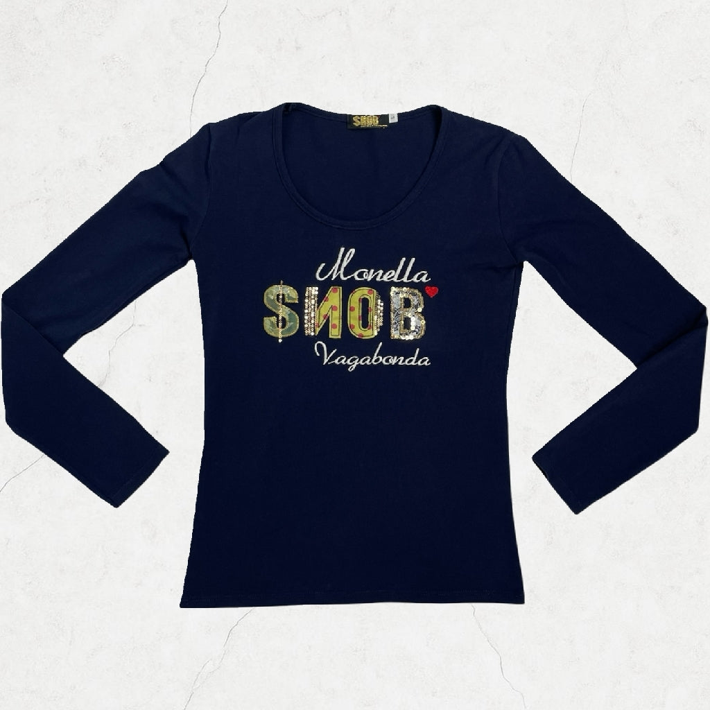 Y2K Monella Vagabonda SNOB Navy Sequin Logo Top | UK 8