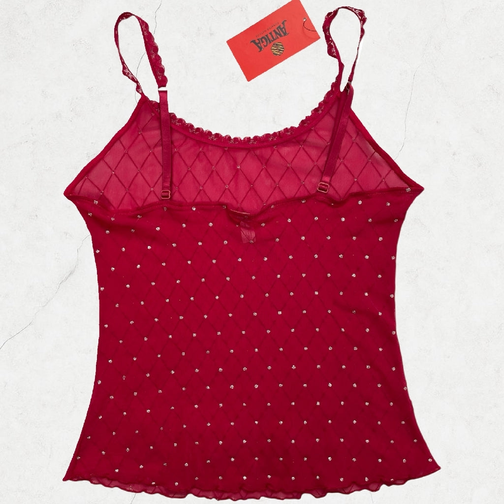 Yamamay Dark Pink Mesh Rhinestone Cami – Y2K Glitter Diamond Top (UK 6-8)
