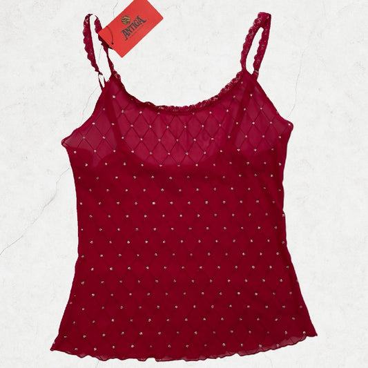 Yamamay Dark Pink Mesh Rhinestone Cami – Y2K Glitter Diamond Top (UK 6-8)