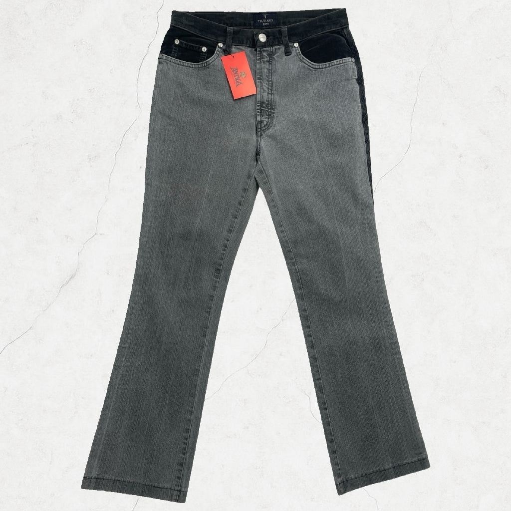 Trussardi Jeans Grey Straight-Leg Jeans with Black Corduroy Detail - UK 8-10